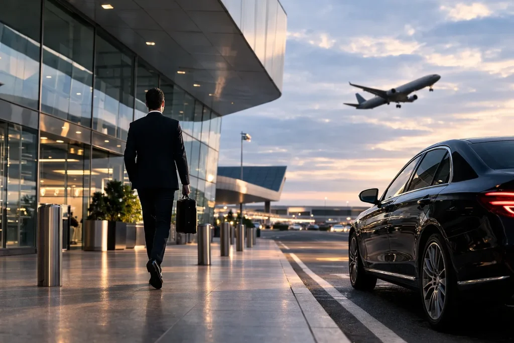 Business traveler walking outside airport terminal toward luxury chauffeur car