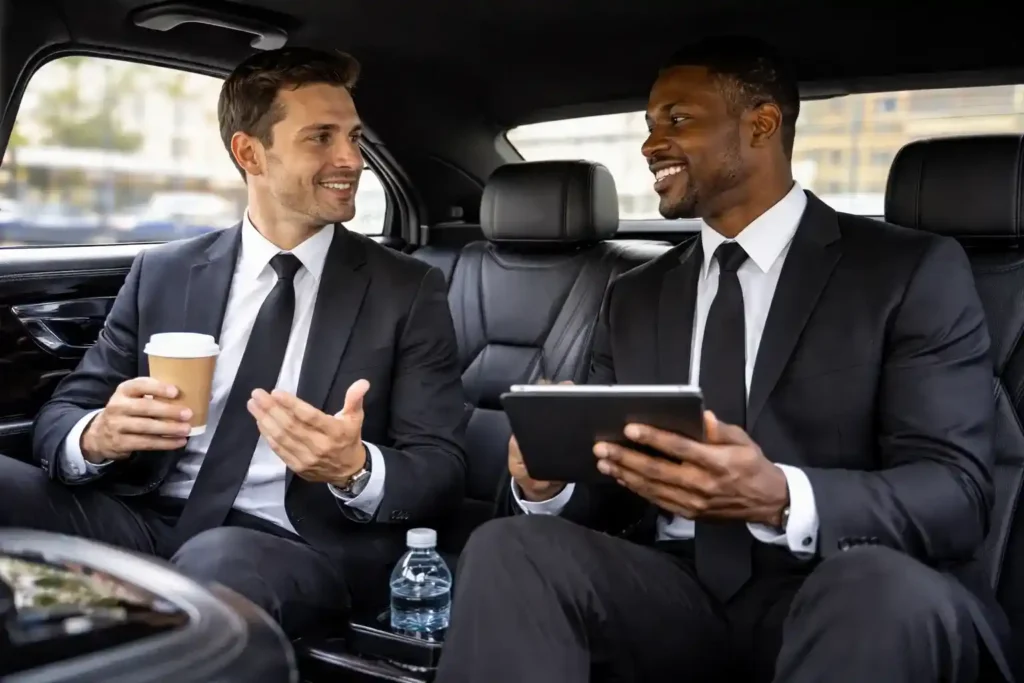 Two business professionals talking and working on a tablet inside a luxury chauffeur car