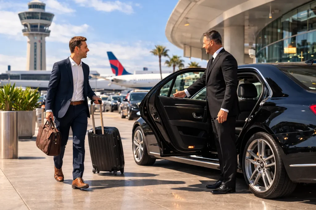 Professional chauffeur welcoming a traveler with luggage beside a luxury sedan at the airport