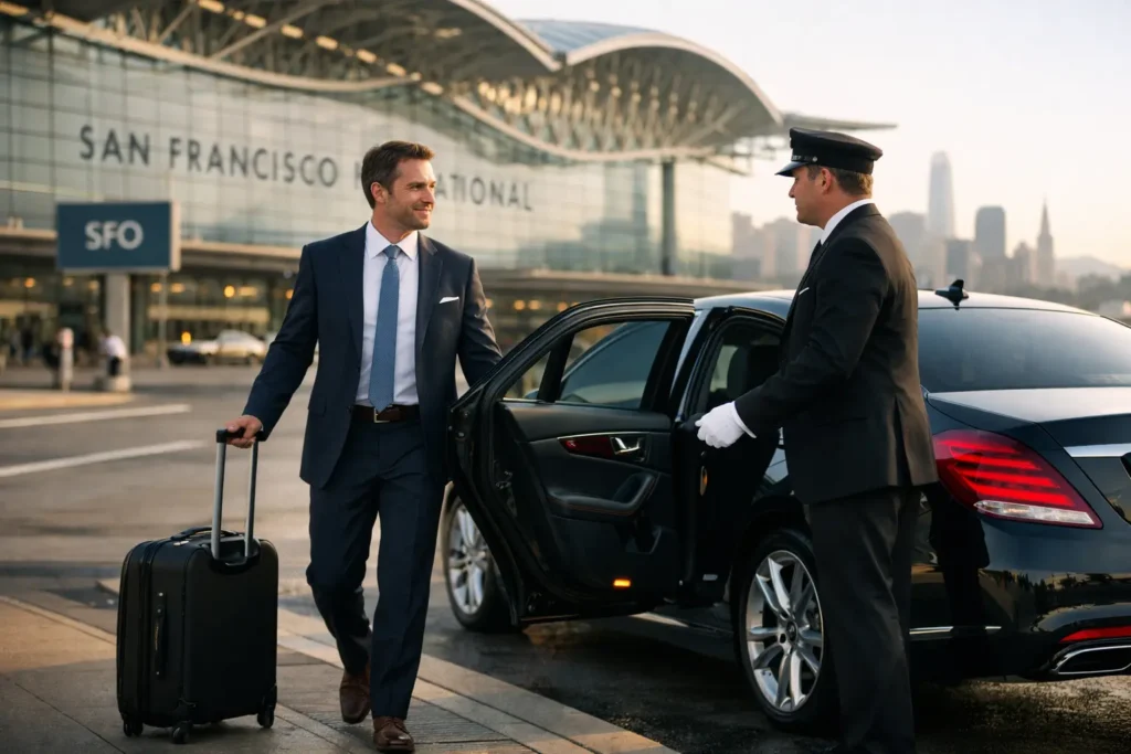 Chauffeur welcoming a business traveler with luggage outside San Francisco International Airport