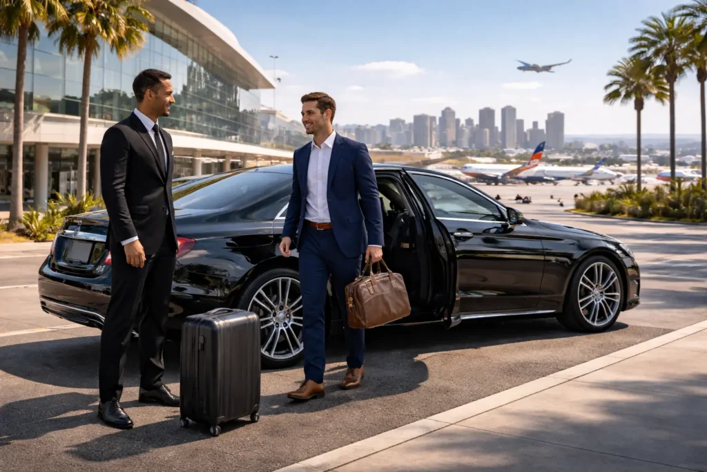 Professional chauffeur greeting a business traveler beside a luxury sedan at the airport terminal