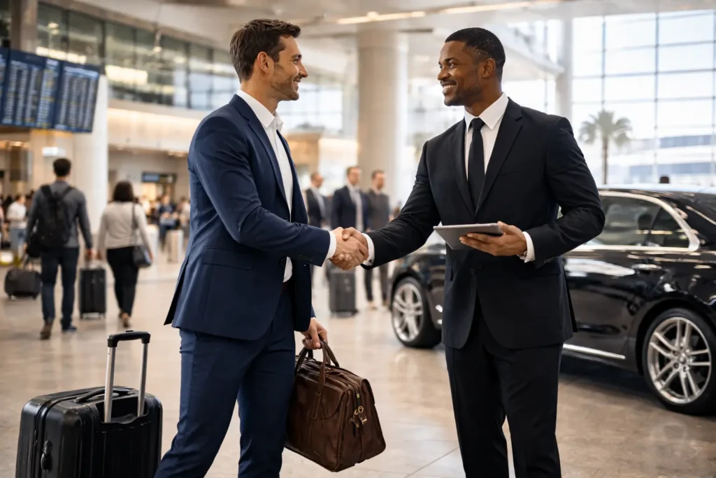 Chauffeur greeting a business traveler with a handshake inside an airport terminal