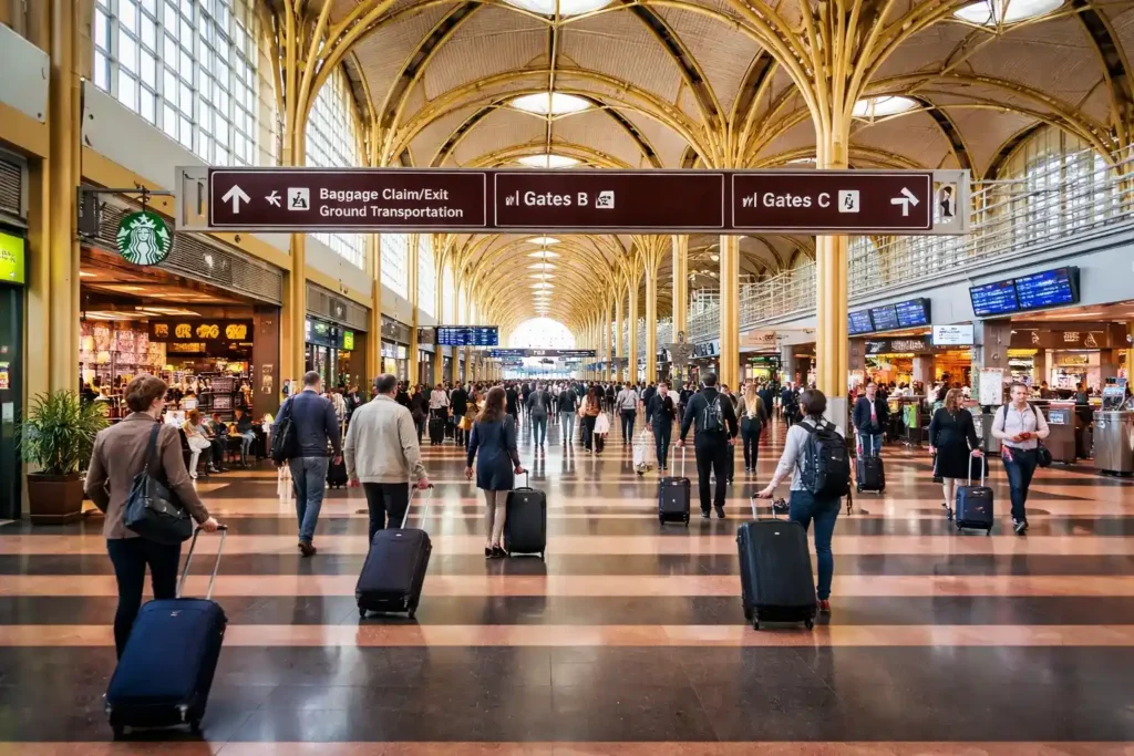 Busy airport terminal with travelers walking toward gates and baggage claim with luggage