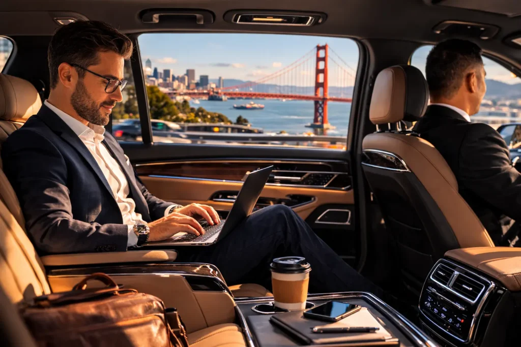 Business traveler working on a laptop inside a luxury chauffeur car with city skyline view
