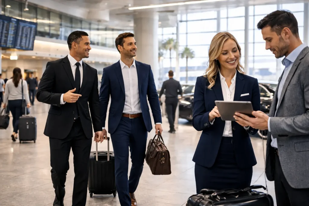 Business travelers receiving assistance from airport chauffeur service staff inside a modern terminal