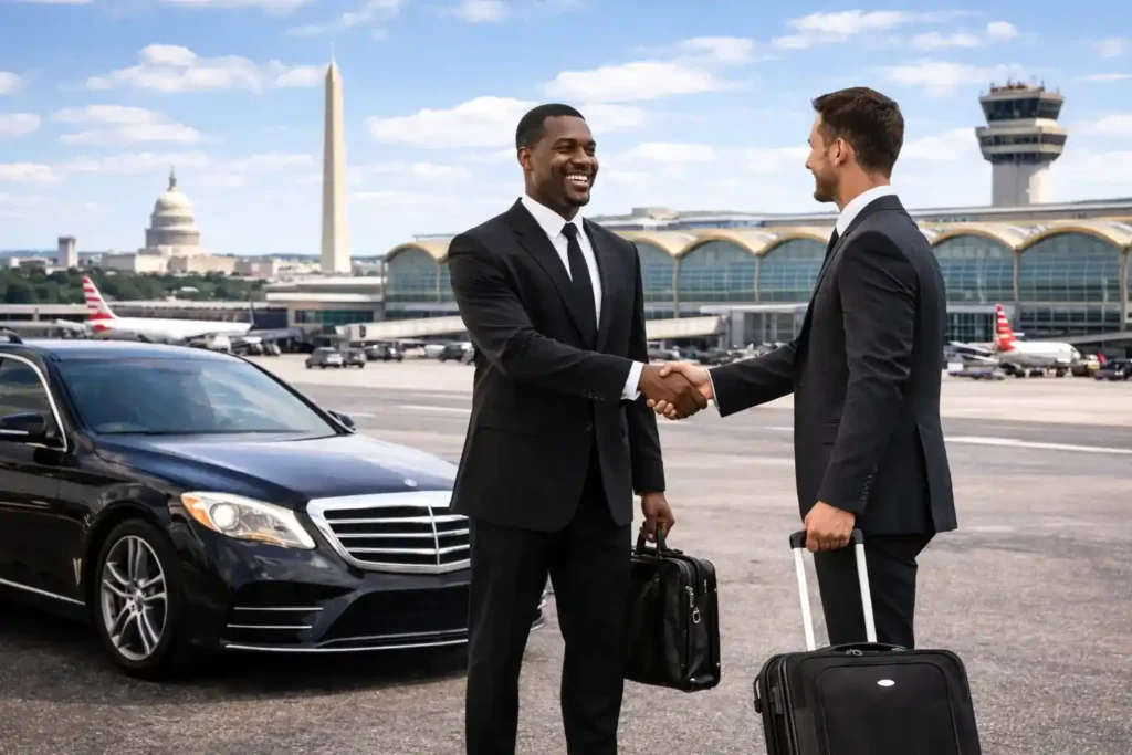 Chauffeur greeting a business traveler with handshake outside airport beside luxury car