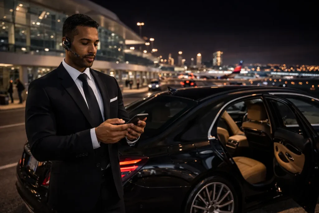 Business professionals enjoying a comfortable ride in a luxury chauffeur-driven vehicle while discussing work during their transfer. Million Limo provides premium executive transportation, corporate travel, and reliable airport transfer services for business clients.