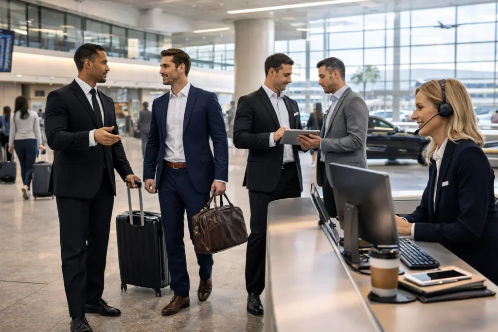 Professional chauffeur assisting business travelers inside an airport terminal during luxury transfer service