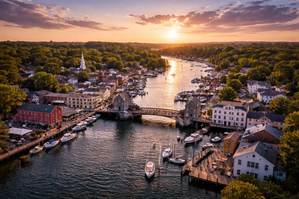 Charming coastal harbor town at sunset