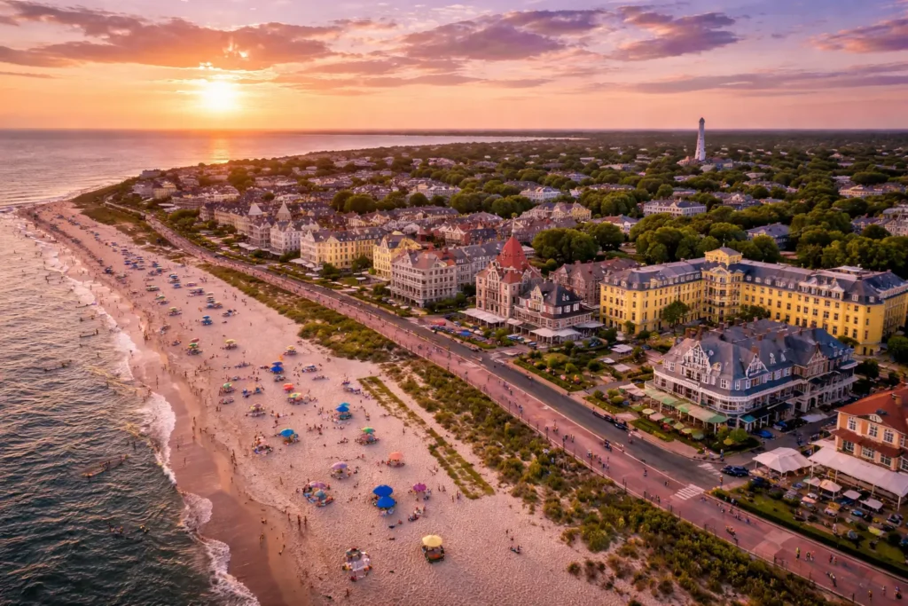 Coastal city beach and skyline at sunset