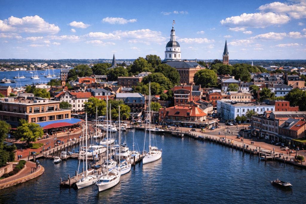 Historic waterfront city with marina and boats