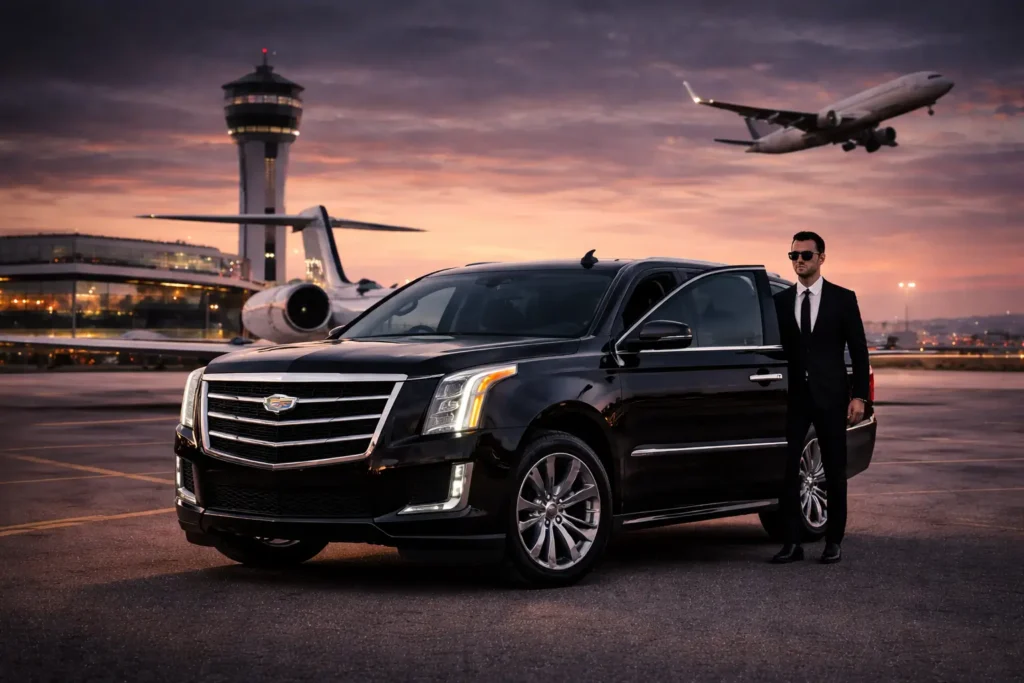 Professional chauffeur standing beside a luxury Cadillac SUV at the airport during sunset
