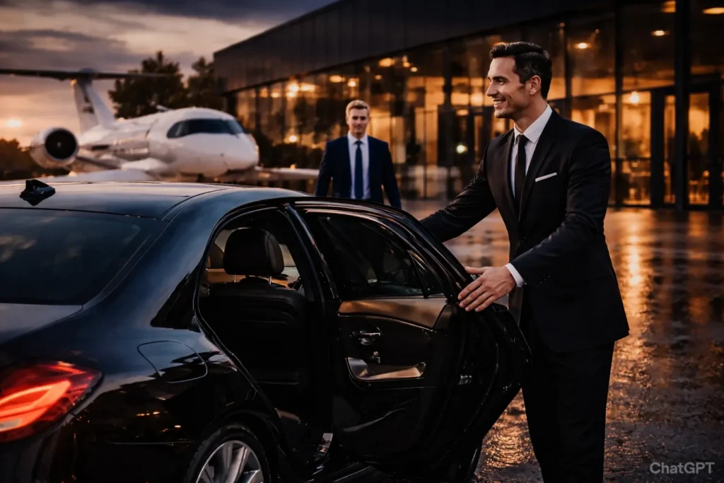 Chauffeur opening car door for client