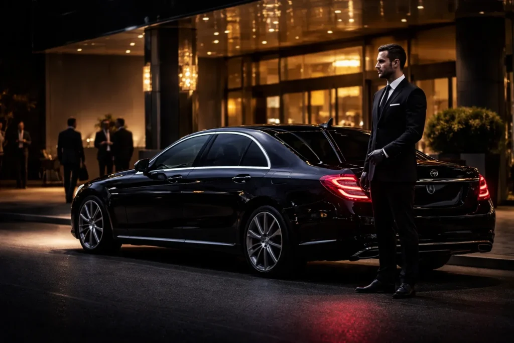 Chauffeur standing beside luxury sedan
