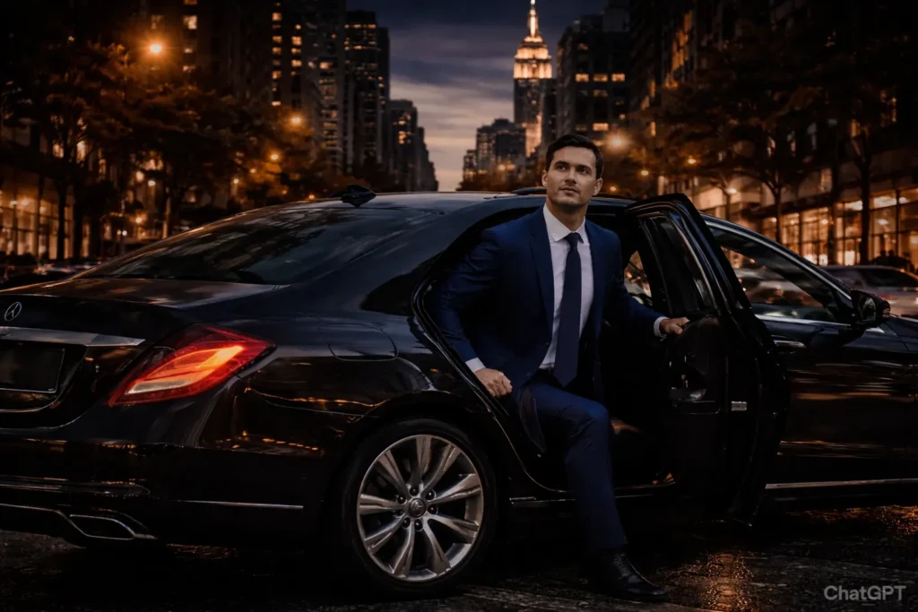 Businessman exiting luxury chauffeur car