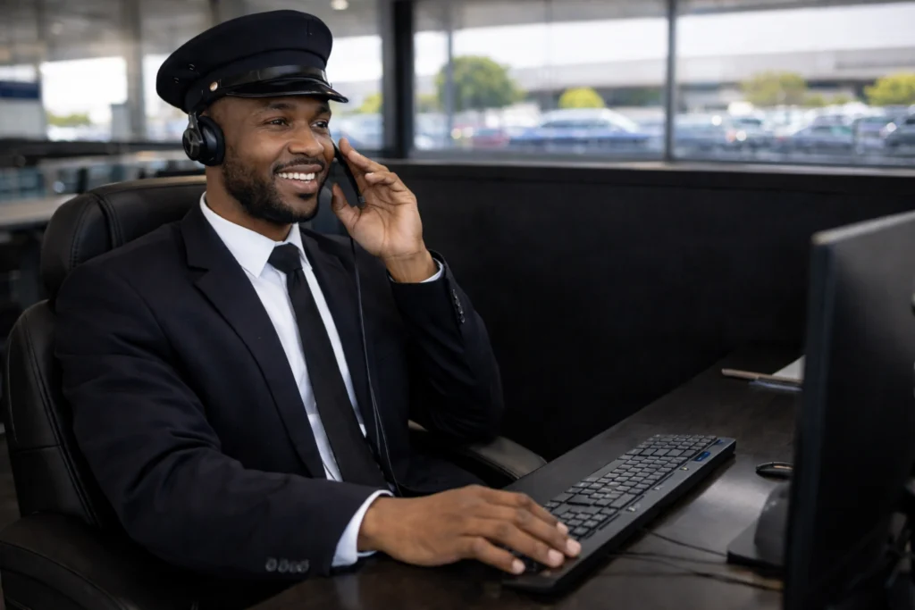 Chauffeur service operator wearing headset assisting customer at desk