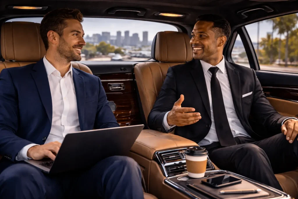 Business executives riding in luxury chauffeur car discussing work during transfer