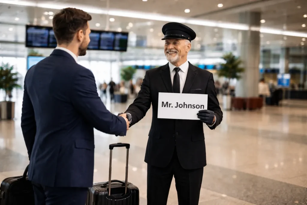 Professional chauffeur greeting passenger at airport with name sign for pickup