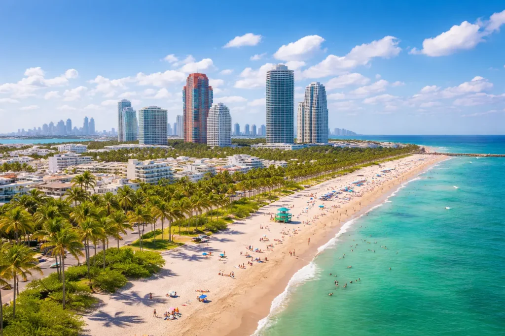 Aerial view of Miami Beach with palm trees, turquoise ocean and skyline buildings