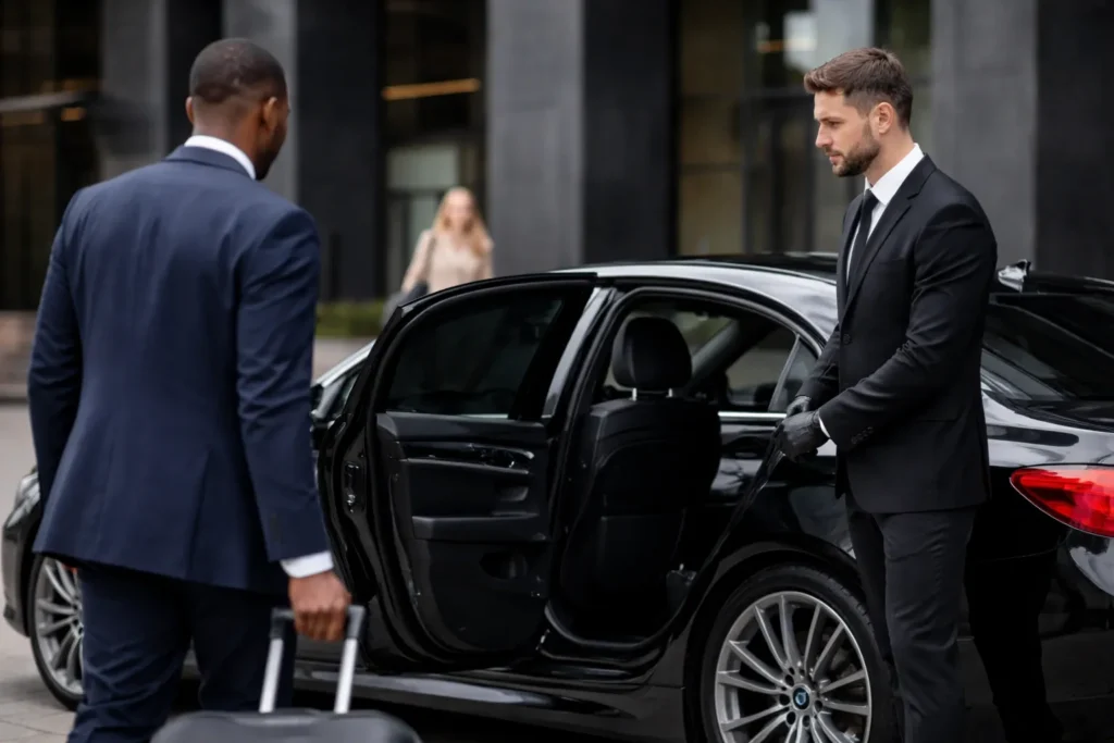Professional chauffeur opening luxury sedan door for arriving passenger