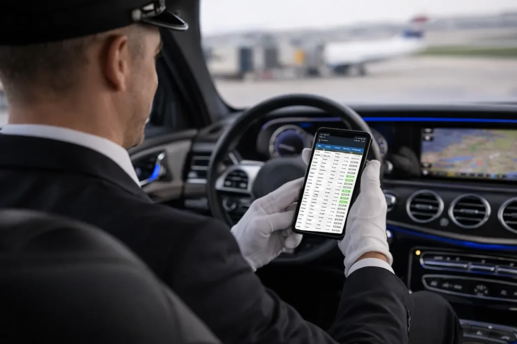 Chauffeur using smartphone navigation inside luxury car near airport