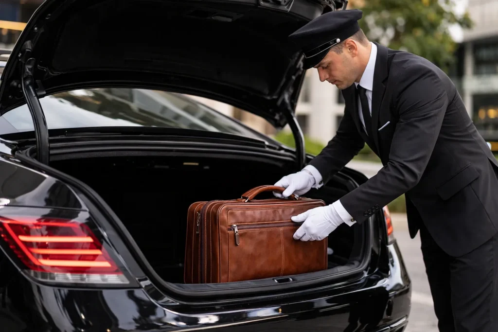 Professional chauffeur placing luggage in luxury car trunk