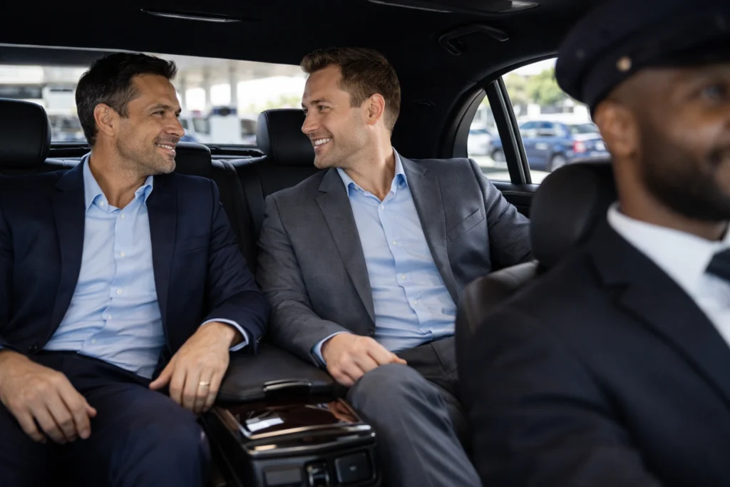 Business travelers riding in luxury chauffeur car during airport transfer