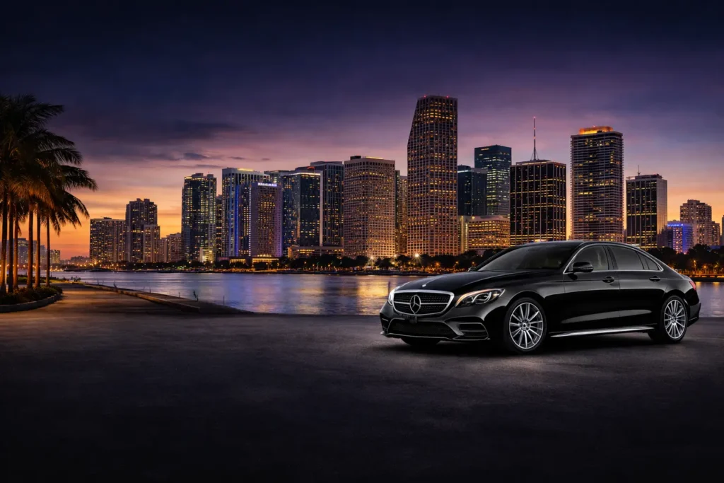 Luxury black Mercedes chauffeur car parked near Miami skyline at sunset