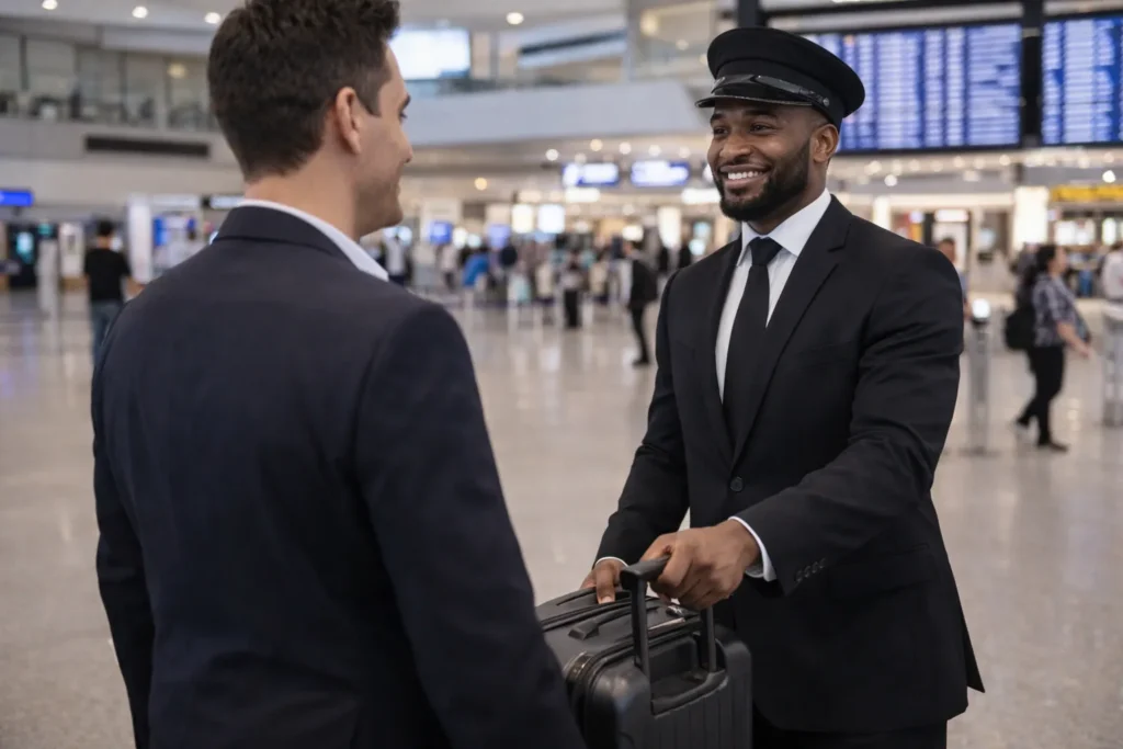 Professional airport chauffeur greeting passenger and handling luggage inside terminal