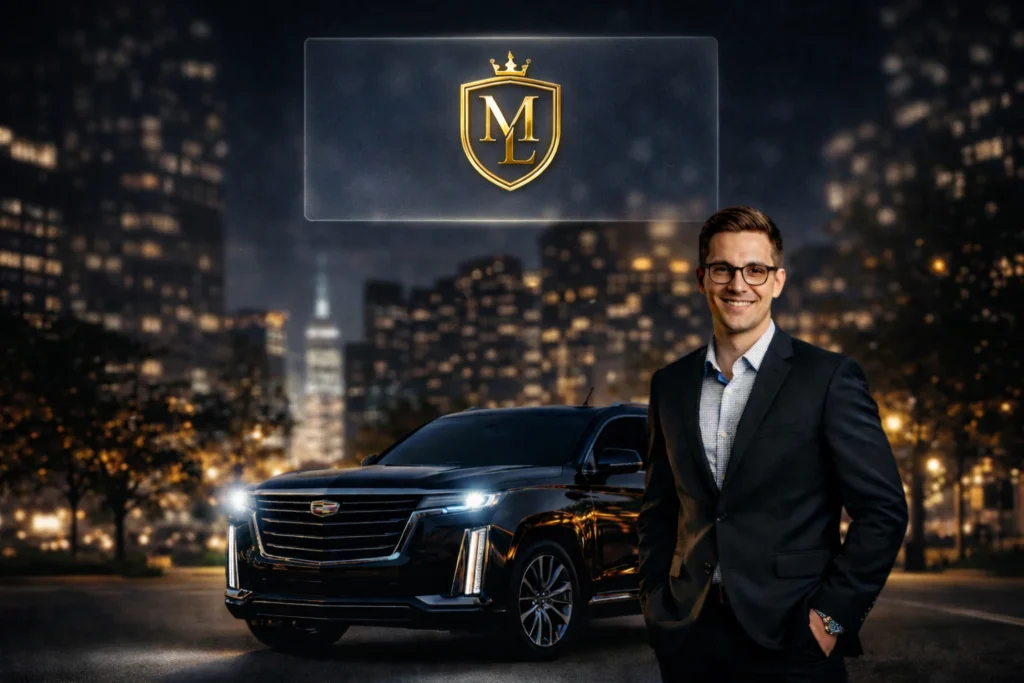 Professional chauffeur standing beside a luxury SUV with the MillionLimo emblem against a city skyline at night.