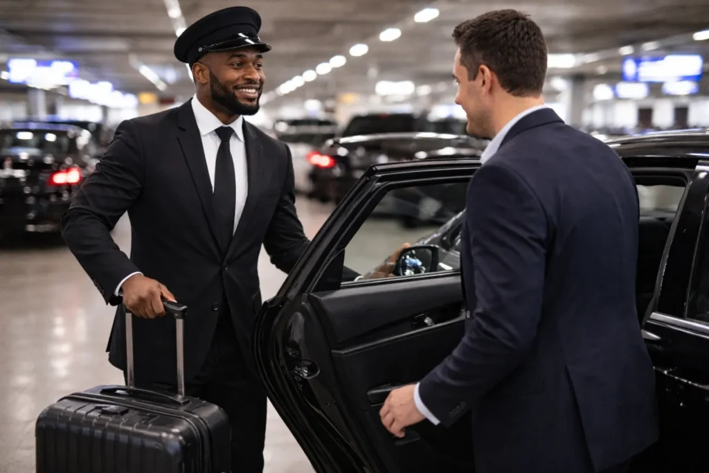 Professional chauffeur assisting passenger with luggage at airport pickup