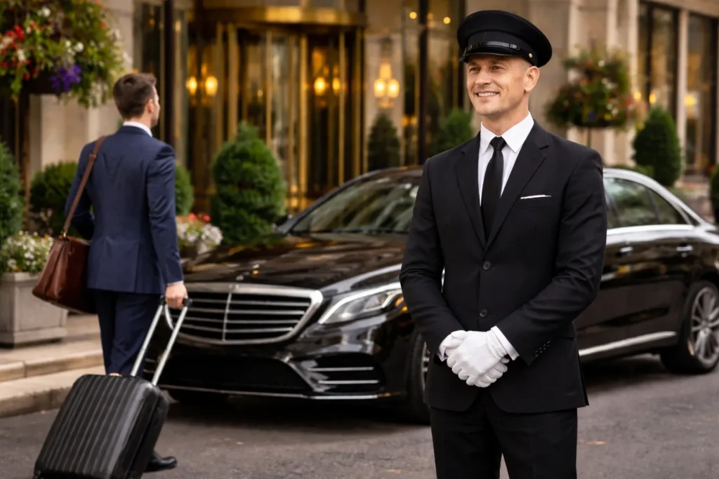 Professional chauffeur standing beside luxury car outside hotel entrance