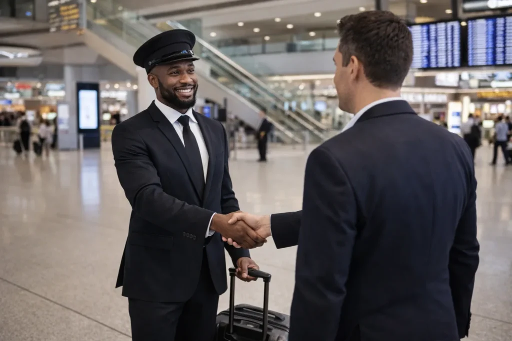 Professional airport chauffeur greeting traveler with handshake in terminal
