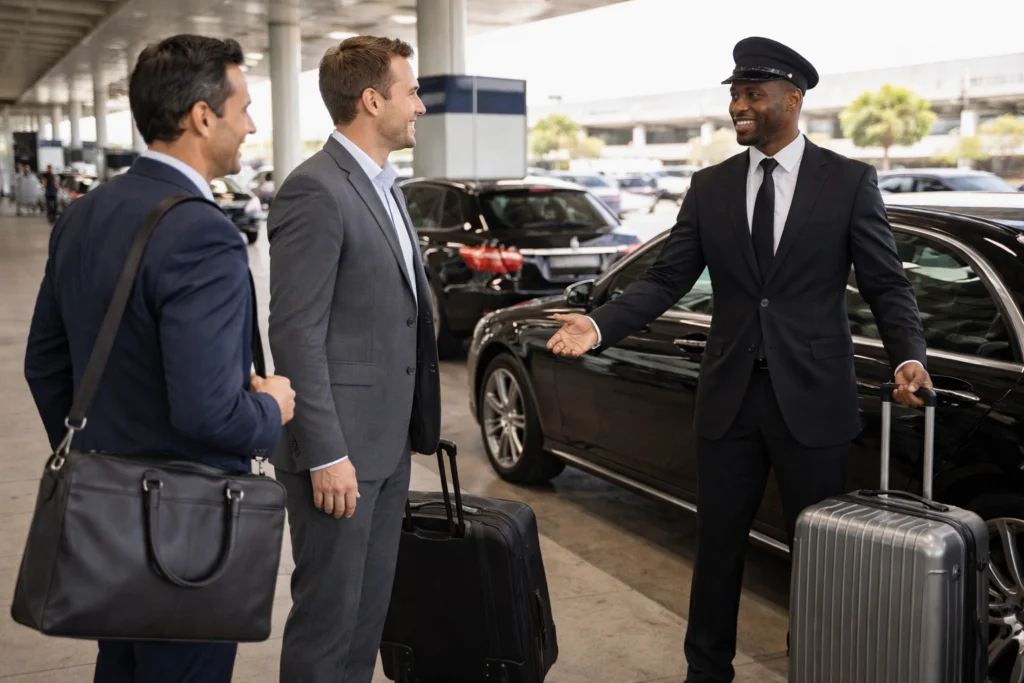 Professional chauffeur welcoming business travelers at airport pickup location