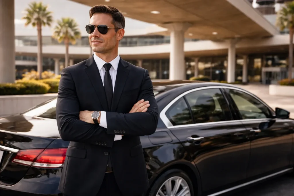 Professional chauffeur standing beside luxury sedan outside airport terminal