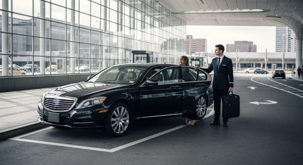 Luxury airport car service with professional chauffeur assisting a business traveler at New York airport terminal