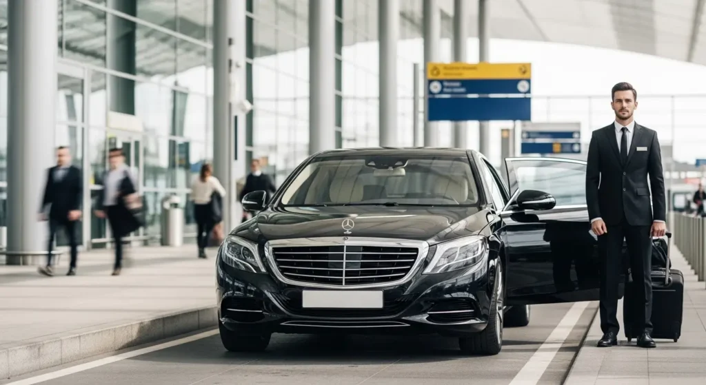 Luxury black sedan at airport with chauffeur standing beside it.