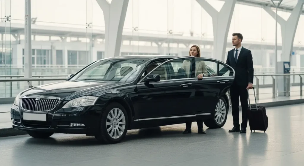 Luxury airport chauffeur service with a professional driver assisting a business traveler at a modern airport terminal for a seamless and stress-free transfer