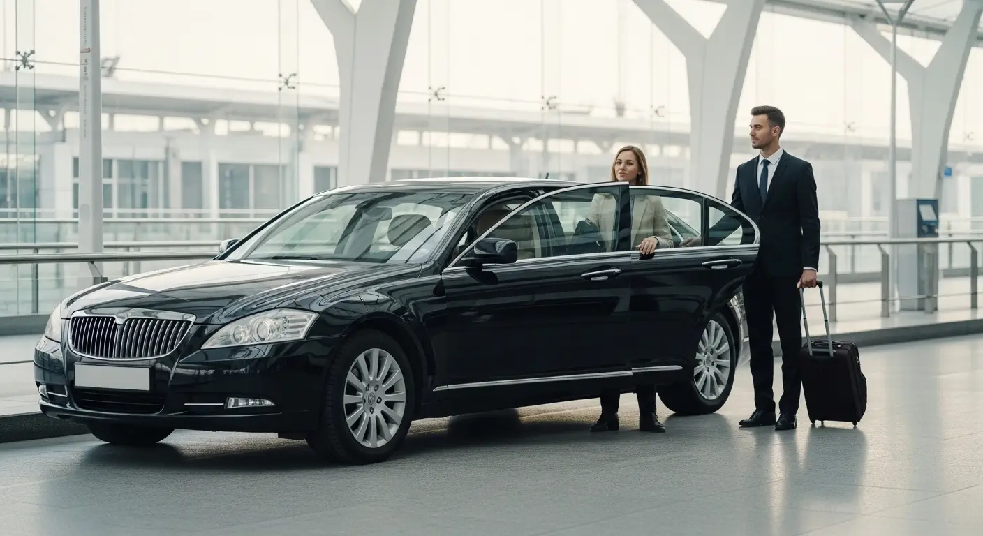 Luxury airport chauffeur service with a professional driver assisting a business traveler at a modern airport terminal for a seamless and stress-free transfer