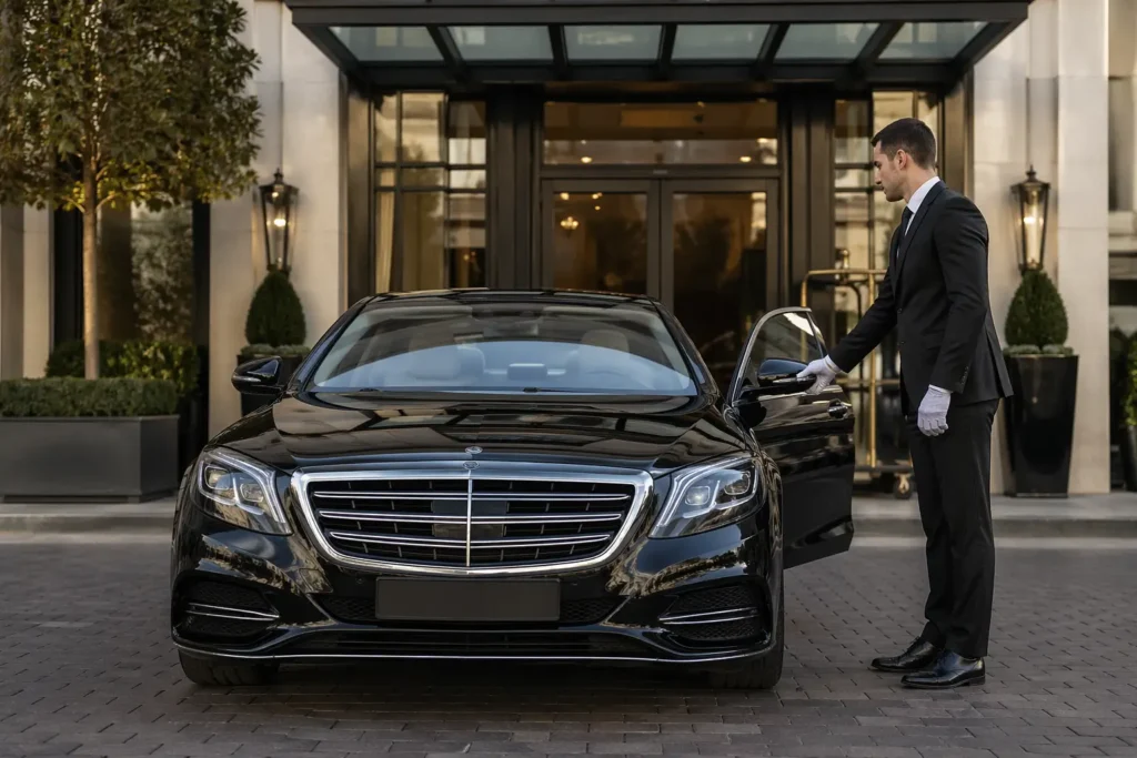 Luxury chauffeur opening car door for client during event transportation