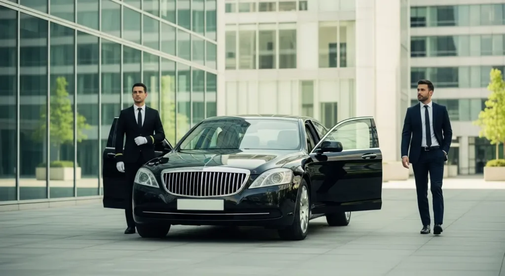 Luxury chauffeur service for corporate travel management with professional driver and executive