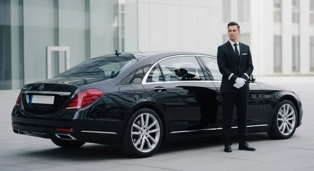 Professional chauffeur standing beside a luxury black sedan in a modern corporate environment