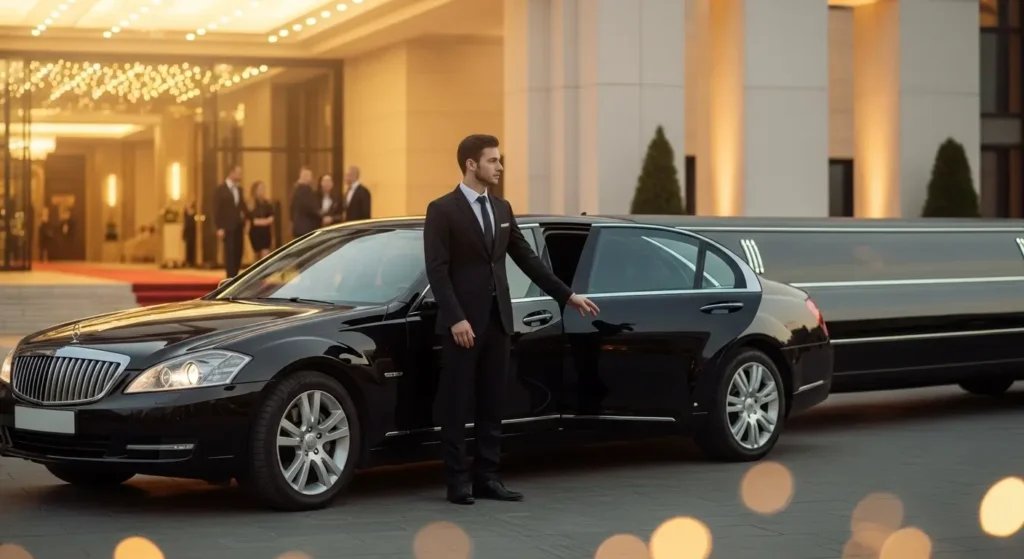 Luxury chauffeur opening car door for guests at an elegant event venue with premium event transportation service