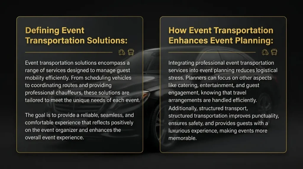 Luxury event transportation information card featuring a black sedan background with gold accents discussing event transportation solutions and event planning benefits.