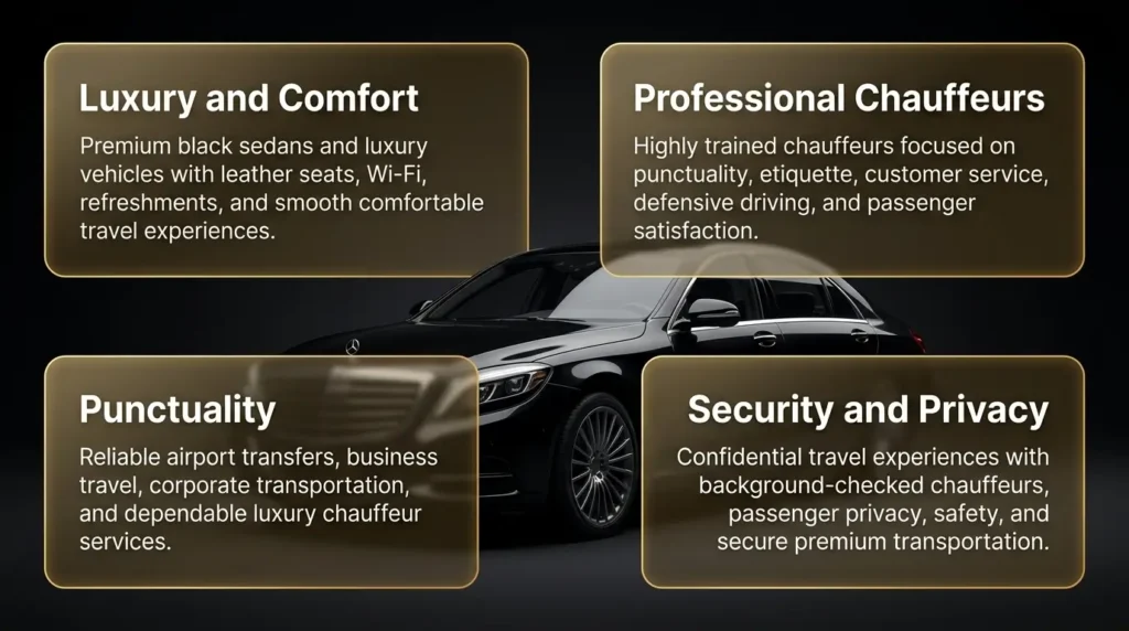 Luxury black chauffeur sedan outside a premium venue with professional panels highlighting punctuality, security, and privacy features of executive transportation services.