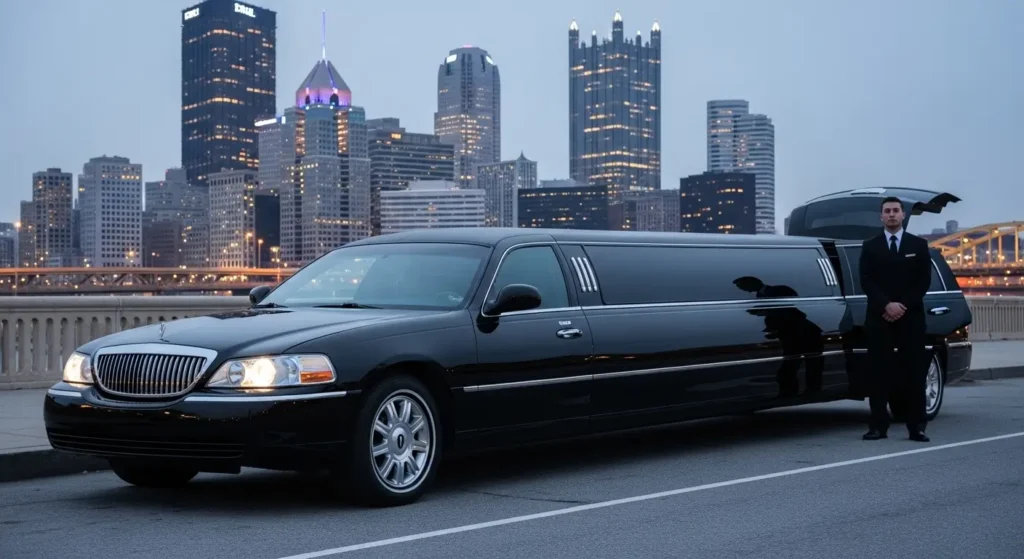 Black limousine with chauffeur in Pittsburgh city at evening