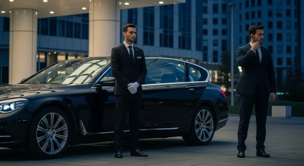 Luxury chauffeur opening car door with VIP security guard standing nearby ensuring safety and privacy
