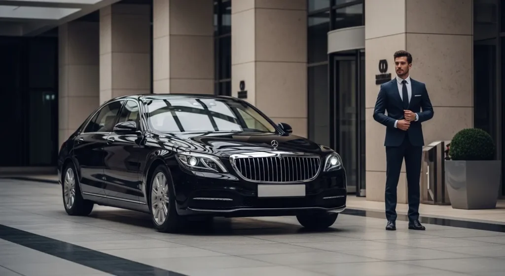 Luxury chauffeur standing beside premium car for VIP business travel