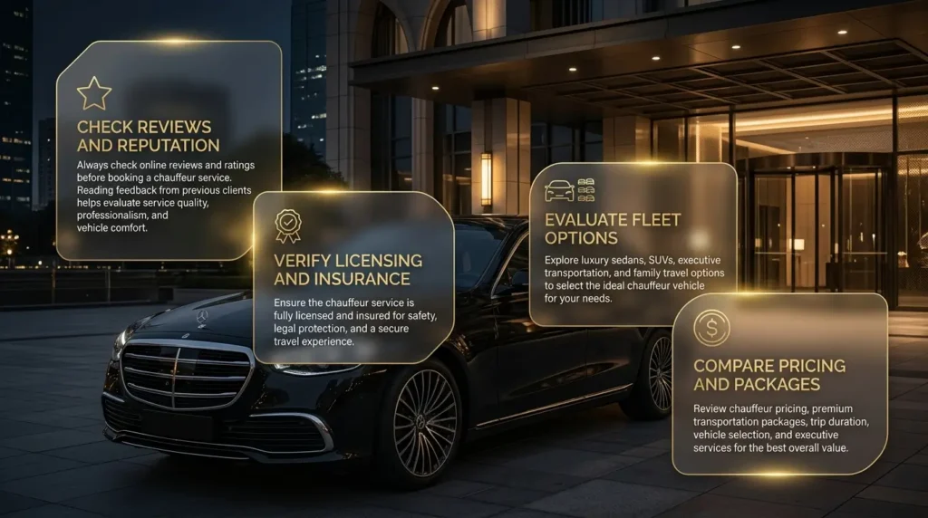 Luxury chauffeur service website section featuring a black premium sedan with elegant glassmorphism information cards about reviews, licensing, fleet options, and pricing packages.
