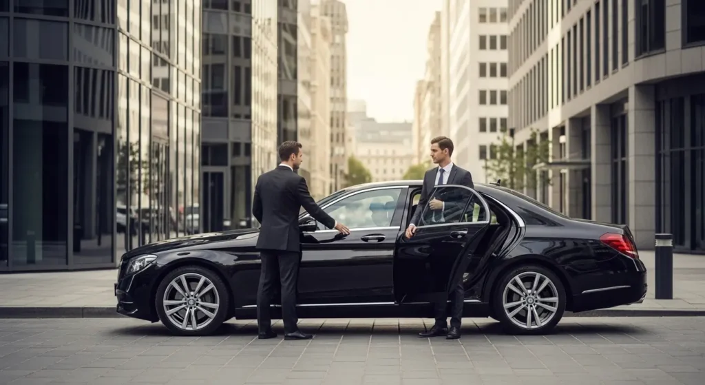 Corporate chauffeur opening luxury car door for business executive outside modern office building